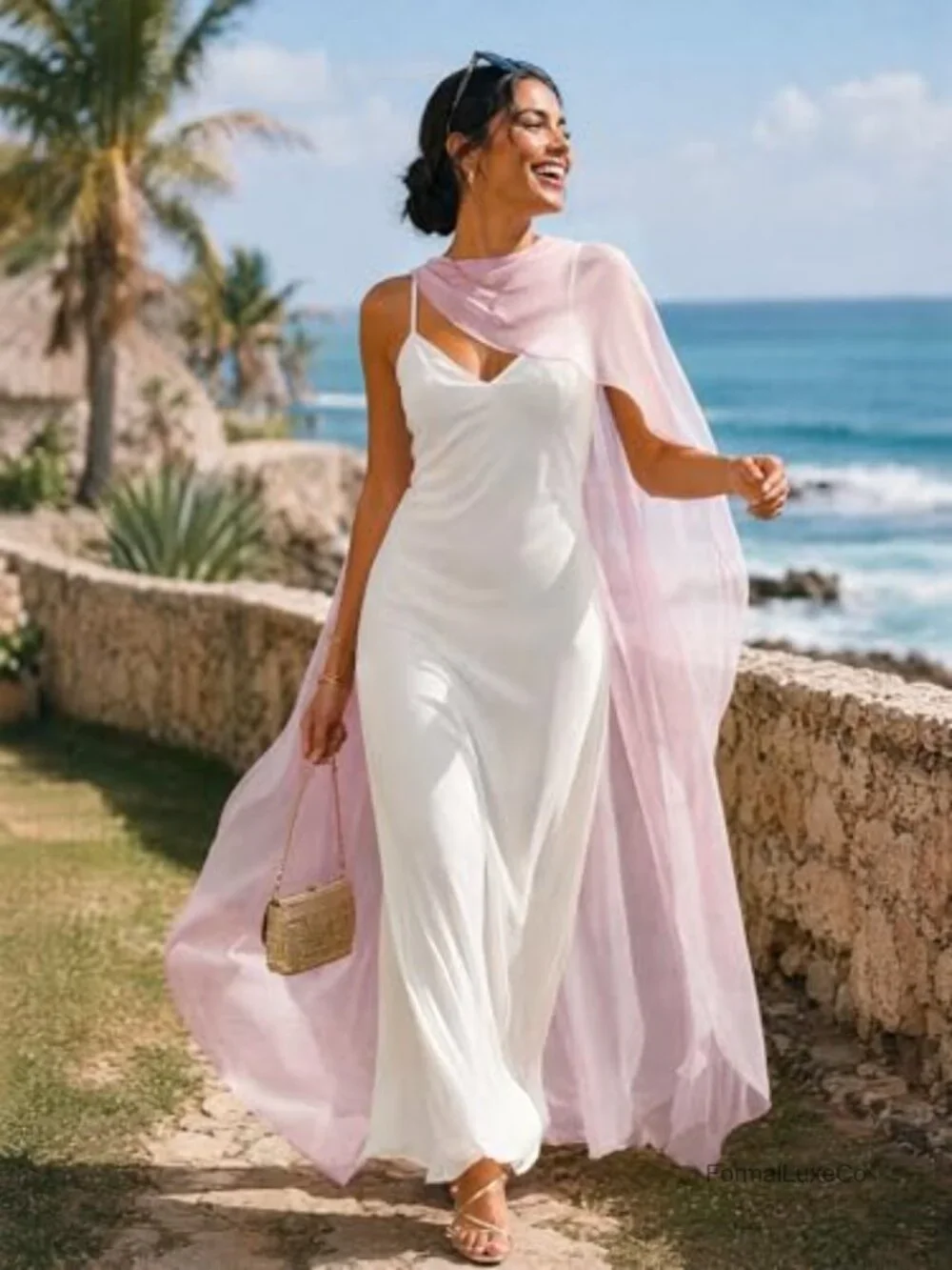 Elegant Long Cape Shawl Sheer Chiffon Bridal Cover Up Pearl Button Closure